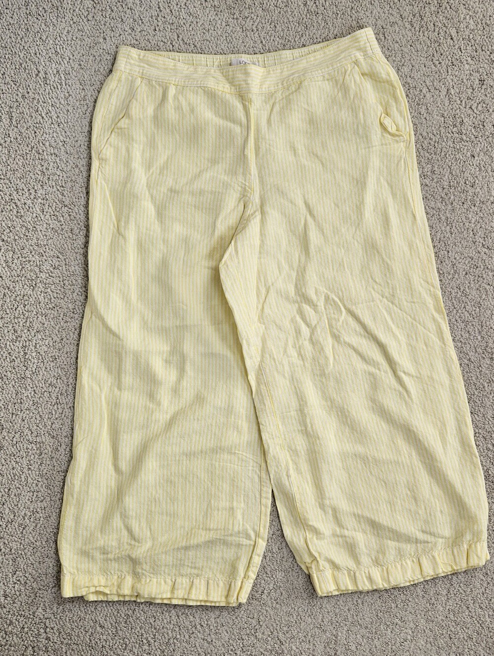 Loft Linen Blend Capris Wide Leg Lined Yellow White Striped Pockets Womens L